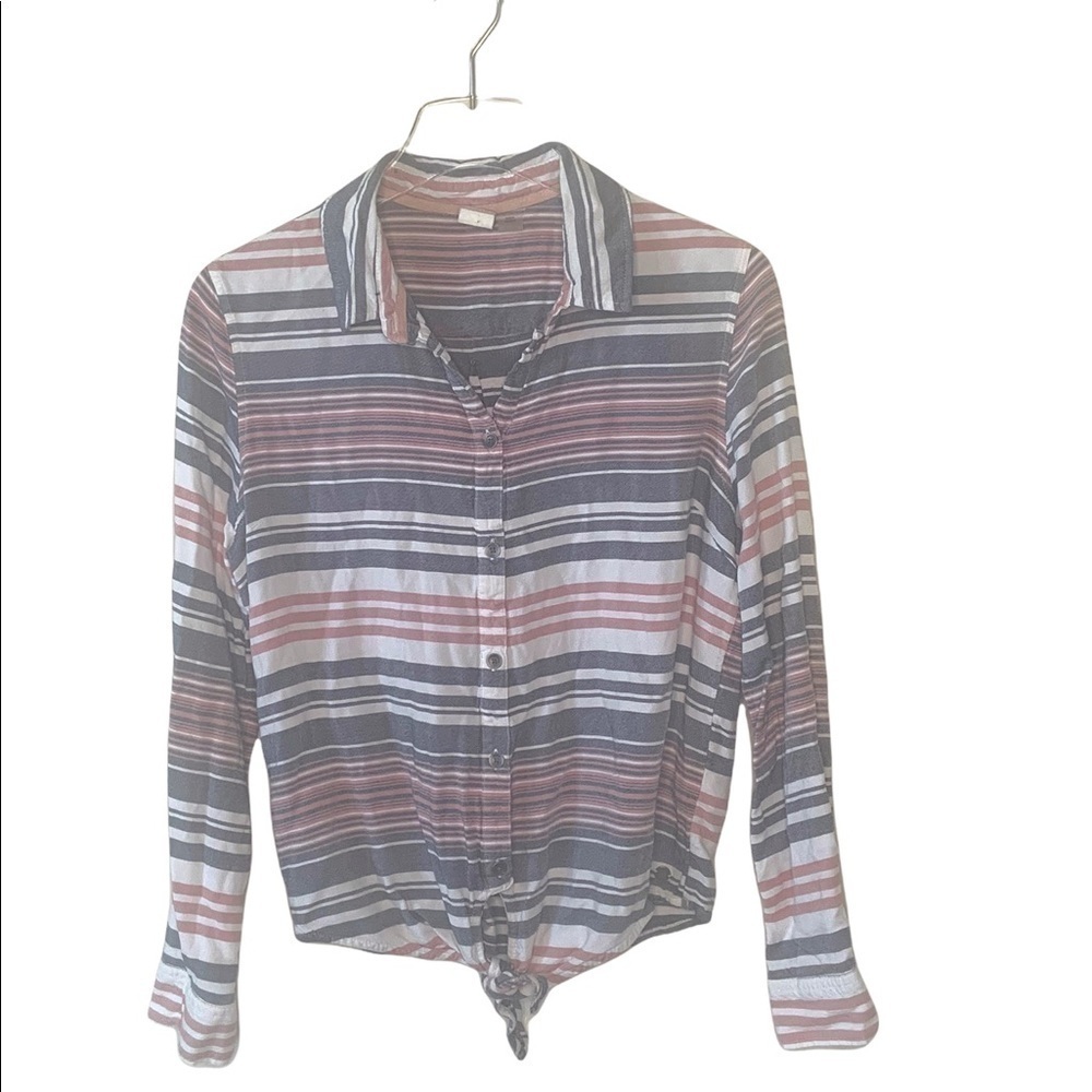 𝅺ROXY Womens Tie Front Crop Top Blouse Size Medium Pink White Long Sleeve